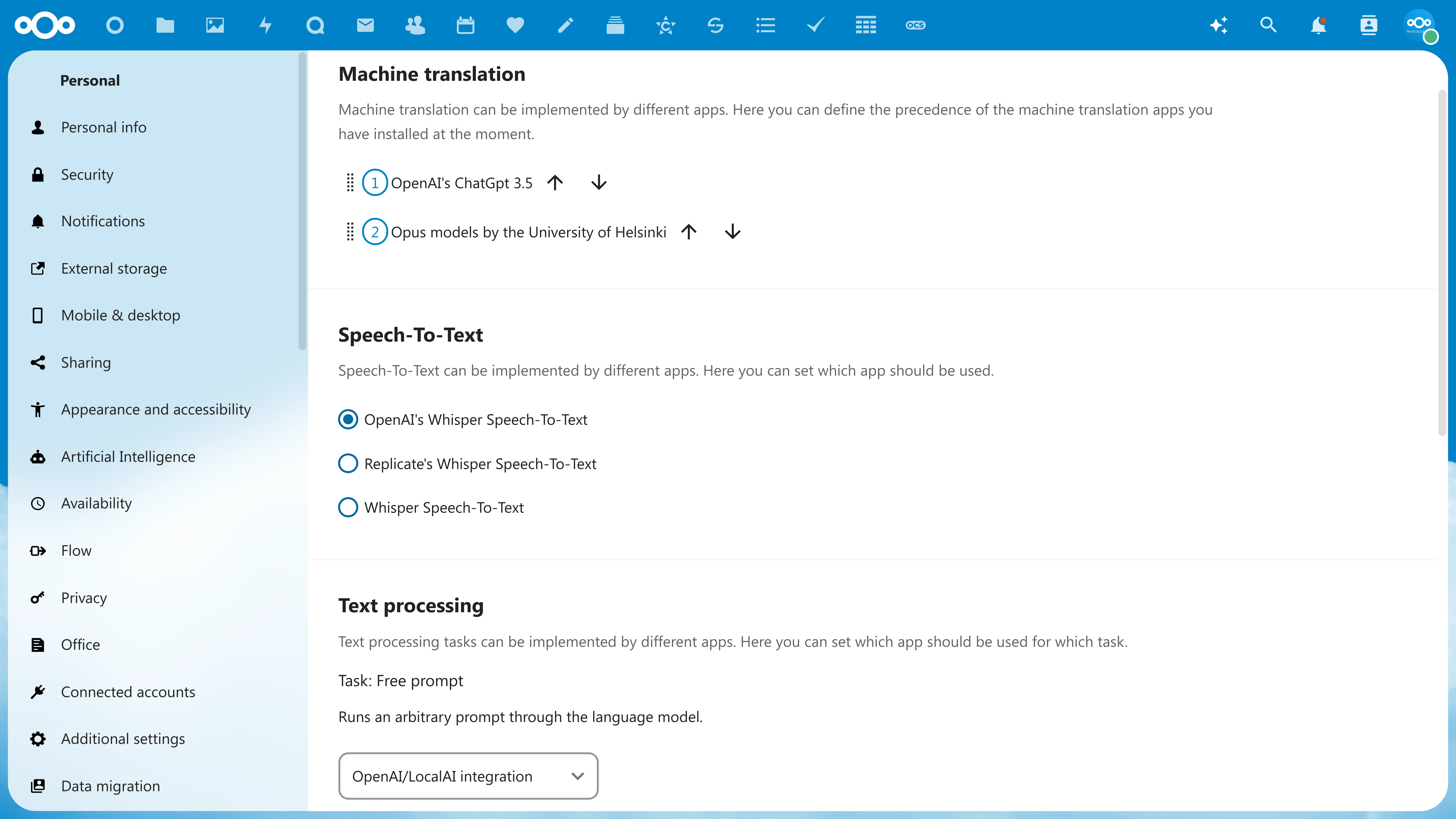 nextcloud assistant ai configuration 2