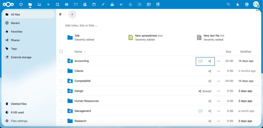 Dans l'interface de Nextcloud Files, le bouton de partage à droite des fichiers est affiché en permanence