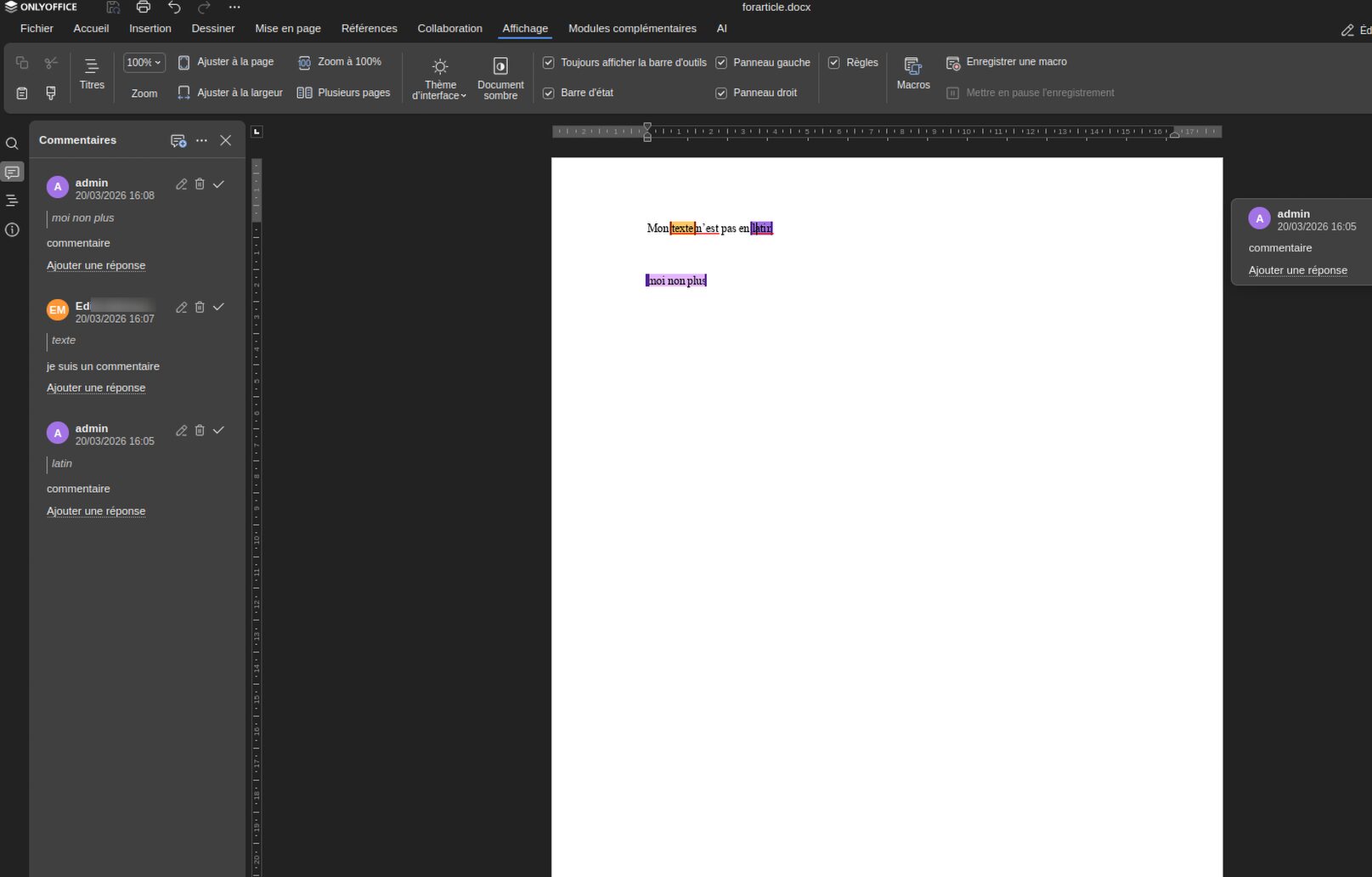 screenshot de l’interface onlyoffice 9.3.1 avec commentaires de deux utilisateurs en couleurs