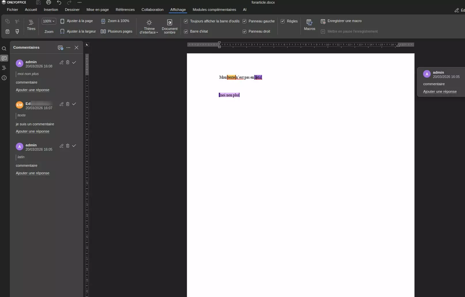 screenshot de l’interface onlyoffice 9.3.1 avec commentaires de deux utilisateurs en couleurs