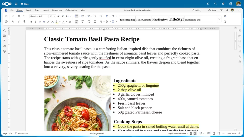 Principales nouveautés de Nextcloud Hub 26 Spring (v. 34) 8 recipe writer doc eurooffice